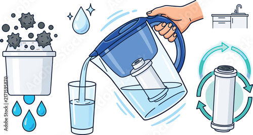Obraz na plátně Water Filter Pitcher Icon Set with Hand Pouring Pure Liquid into Glass and Cartr