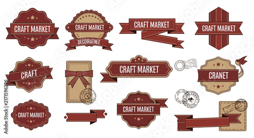 Craft Market Labels and Ribbons, Vintage Design, Isolated Elements