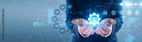 Foto Expert hands hold glowing NATURAL LANGUAGE PROCESSING icon