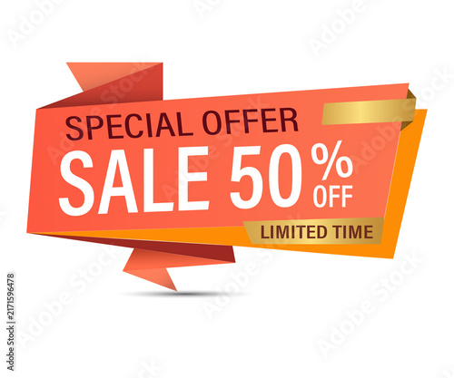 Orange sale tag with gold accent displays a fifty percent discount