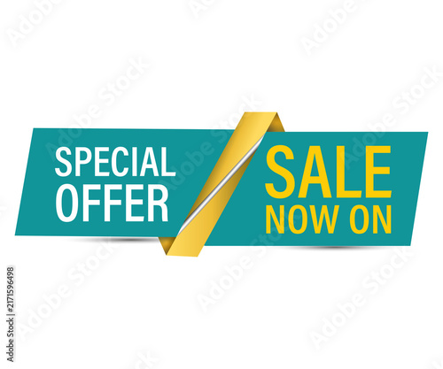 Teal and gold sale banner with text isolated on white