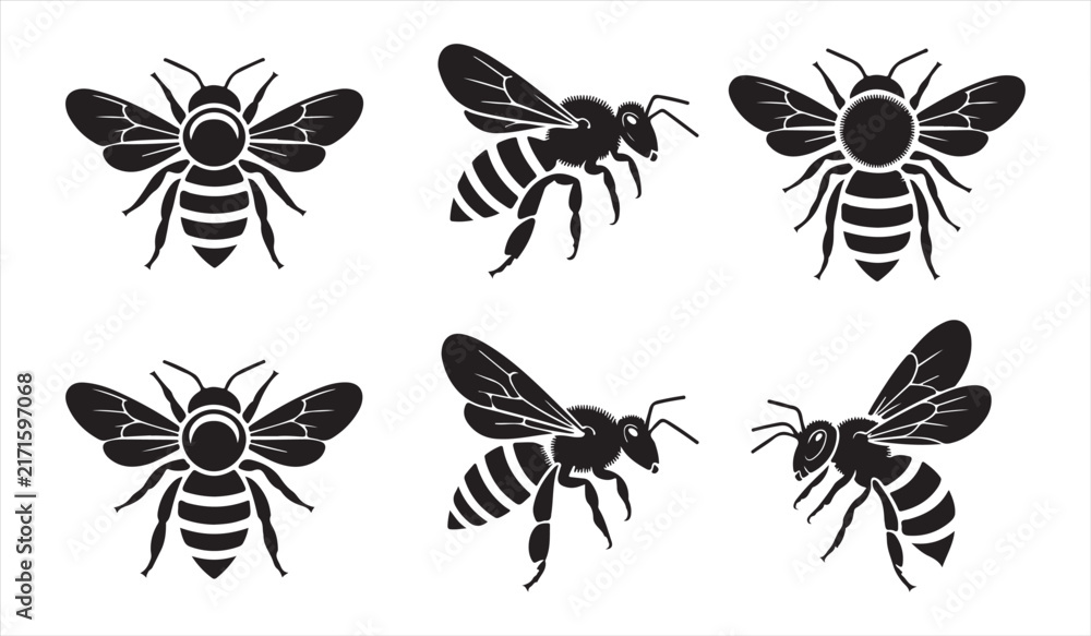 Fototapeta premium Flying bee silhouette collection in black and white