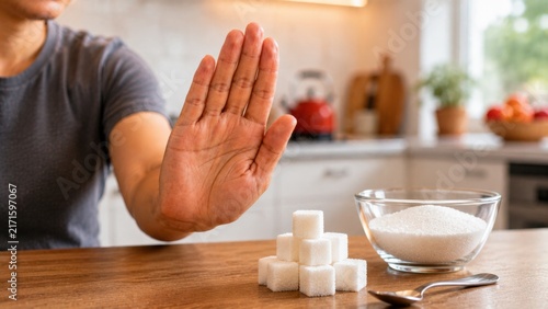 Diabetes prevention concept showing hand gesturing stop to sugar cubes and bowl of white sugar on table.