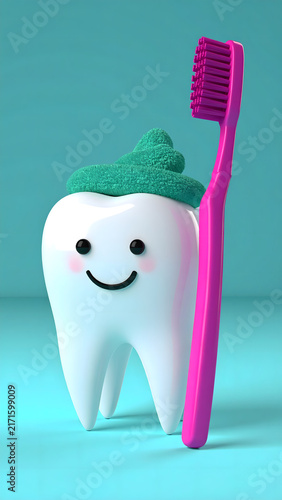 Cute Smiling Tooth Character with Pink Toothbrush