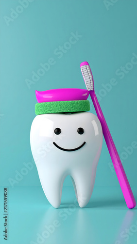 Cartoon Tooth Mascot with Toothbrush on Teal Background