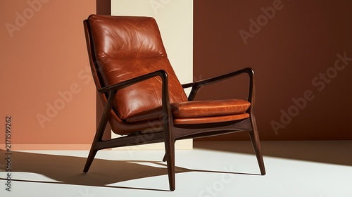 Vintage Leather Armchair with Wooden Frame in Modern Room