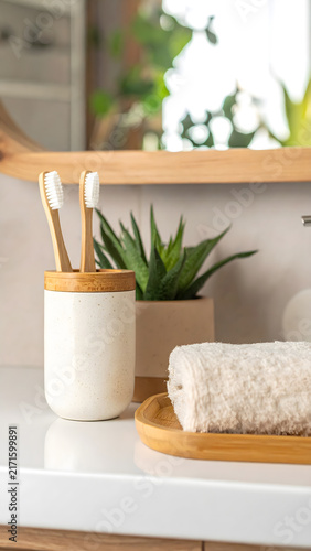 Minimalist Bathroom Decor with Bamboo Toothbrushes