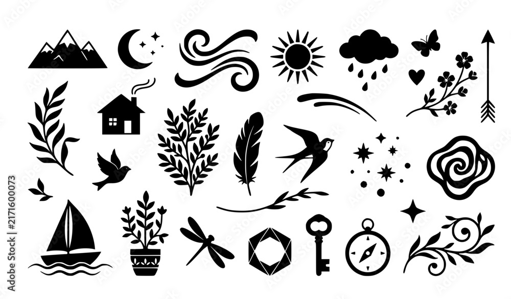 Fototapeta premium Flat Black Silhouette Decorative Elements Vector Background Collection