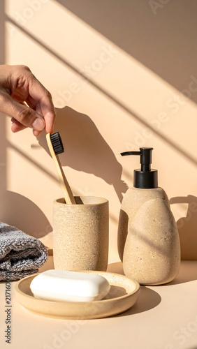 Warm Toned Bathroom Accessories with Sunlight Shadow