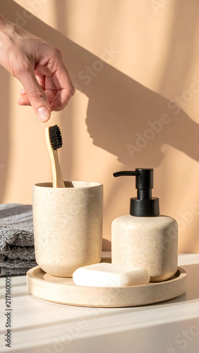 Minimalist Bathroom Counter with Soap Bar and Towels