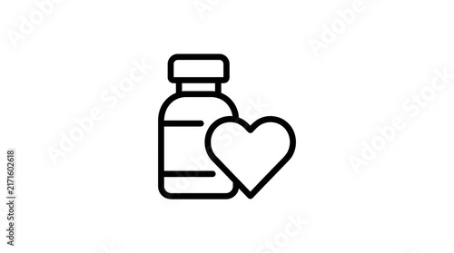 Heart and Medicine Bottle Icon: Health, Care, Treatment, Medical Symbol
