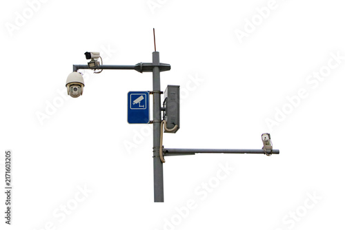 Small CCTV Full HD Closed-circuit camera for to small steel pole and steel beam. Includes electrical circuit box. Isolated on cut out PNG or transparent. Can record events such traffic, accidents.