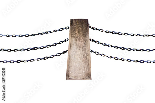 Concrete posts connected by heavy metal chains isolated on cut out PNG or transparent. Forming decorative barrier along outdoor pathway, surrounded by green trees and lush vegetation in public park.