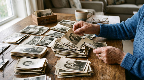Elderly hands sorting through a large collection of vintage black and white photographs on a wooden table