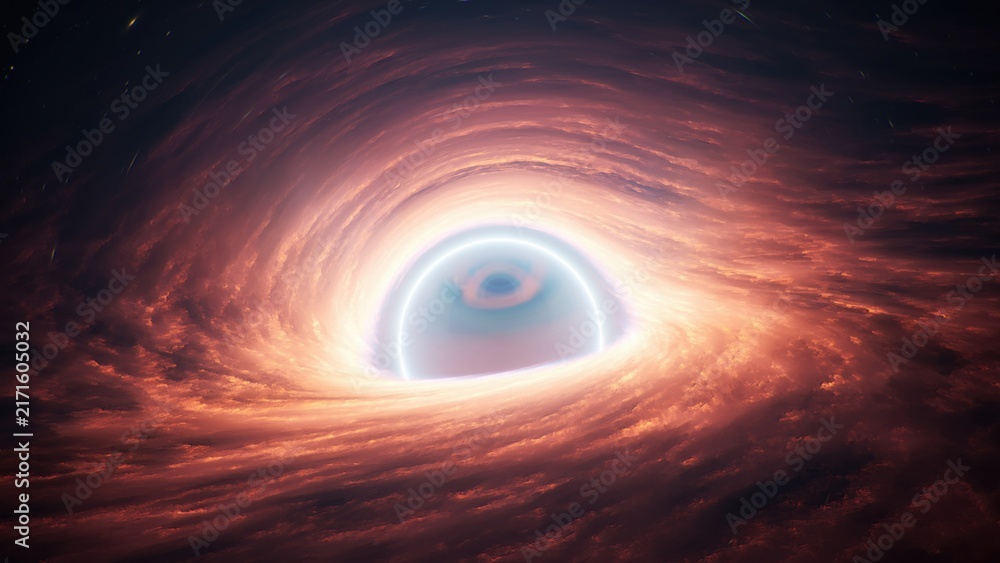 Fototapeta premium Sci-fi space background, Swirling energy accretion disk surrounding Black hole. 3d rendering.