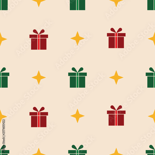 Seamless pattern with red and green gift boxes and yellow stars for holiday wrapping paper and wallpaper