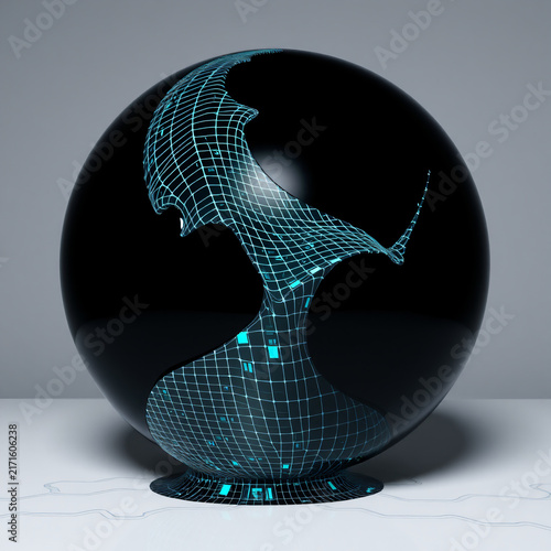 3D surrealism melting digital grid pattern sliding off glossy black sphere otherworldly cyberpunk aesthetic visual distortion