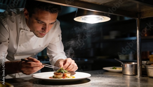 young chef is displace meal at the kitchen in restaurant