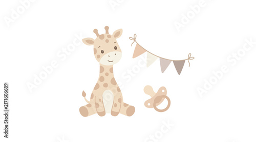 Obraz na plátně A cute cartoon baby giraffe sitting next to a baby pacifier and bunting garland in neutral beige pastel tones