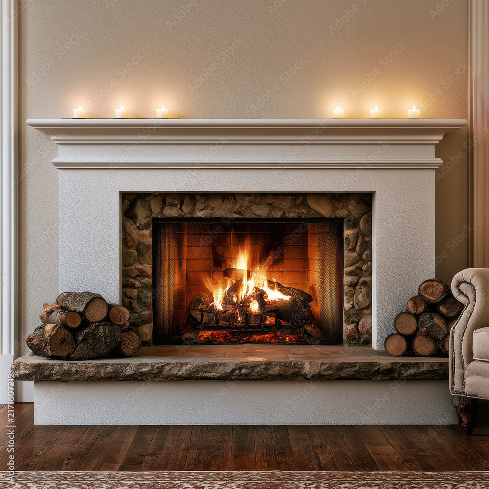 Naklejka premium Cozy fireplace with burning wood, stone surround, white mantel, stacked logs, candles, warm light, inviting living room