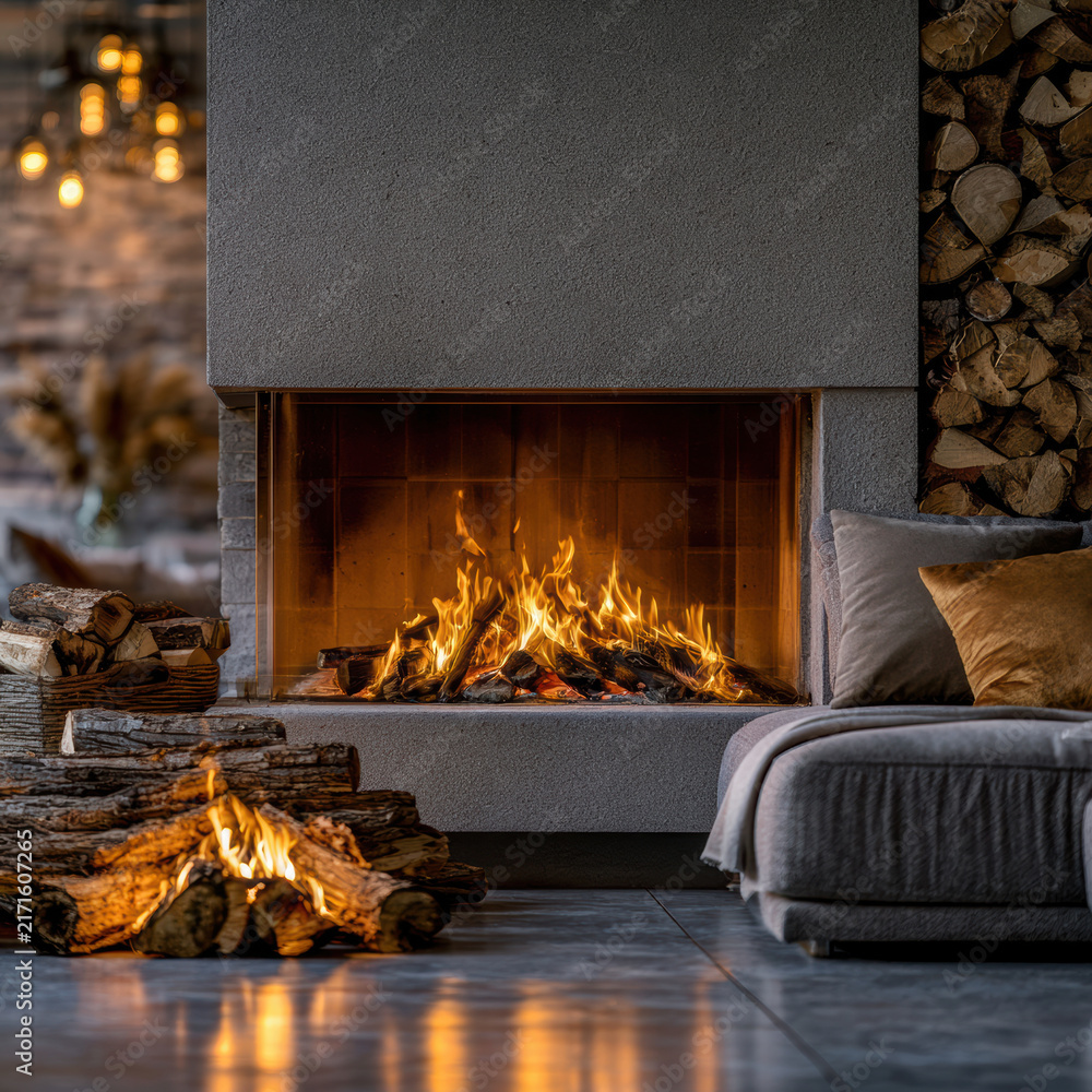 Naklejka premium Modern fireplace burning firewood cozy sofa warm light stacked logs contemporary living room inviting atmosphere home interior