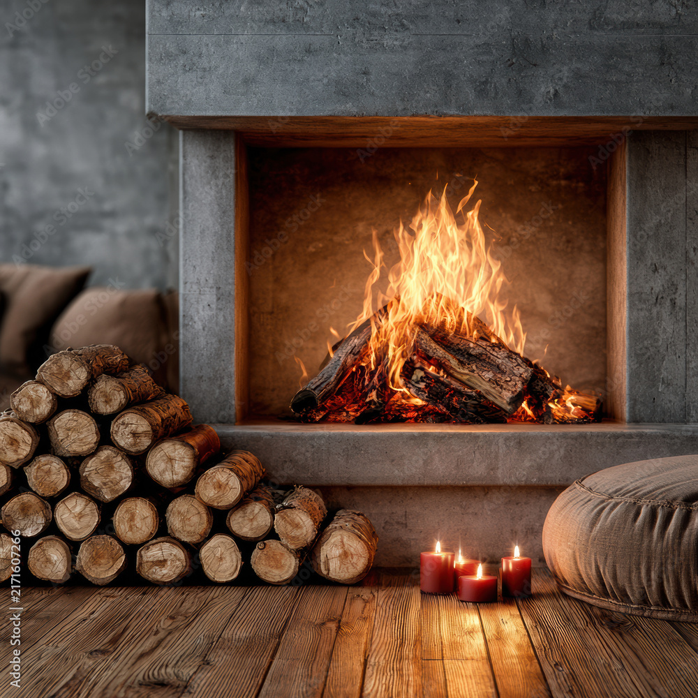 Naklejka premium Cozy fireplace with burning wood, stacked logs, glowing candles, soft pouf, and rustic wooden floor create warm inviting atmosphere