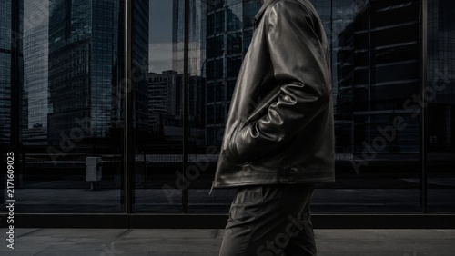 Side View of Person in Black Leather Jacket Walking Beside Reflective Glass Building