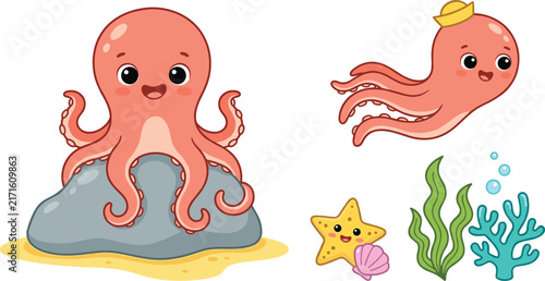 Cute cartoon octopus character vector set with starfish coral reef and underwater sea elements