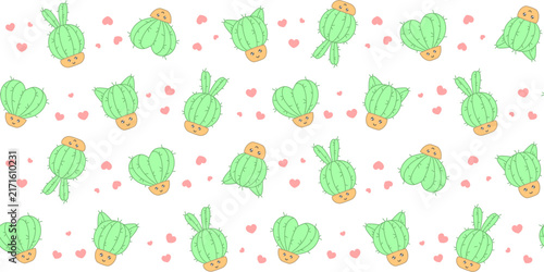Cute cacti in the shape of a heart, a rabbit and a cat with funny faces on a white background with pink hearts. Endless texture with plant characters in kawaii flower pots. Vector seamless pattern