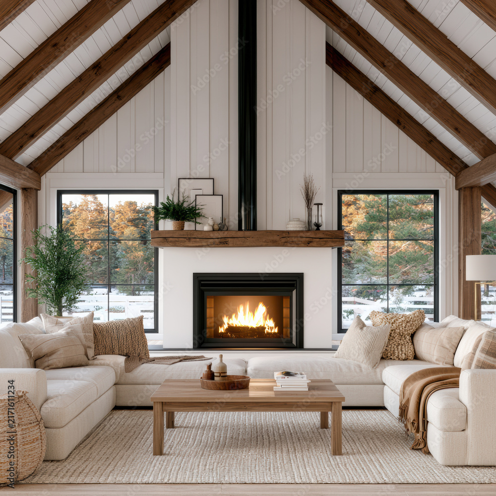 Naklejka premium Cozy living room with fireplace, wooden beams, large windows, neutral sofa, coffee table, winter view, warm atmosphere
