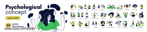 Psychology and mental health concepts set. Woman characters wellbeing, mind and psychology disorders, self-love, therapy, empathy. Mental health wellbeing concepts. Flat vector illustrations