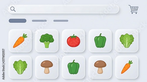 Mobile app interface showing fresh vegetable grocery icons.