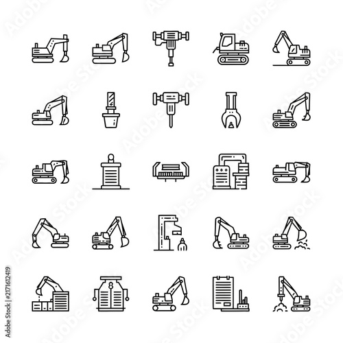 Heavy excavator and construction machinery outline icon set.