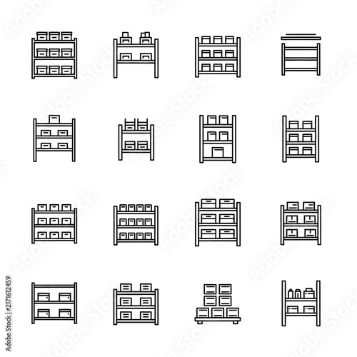 Industrial warehouse shelving and storage rack outline icons.