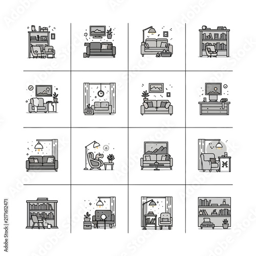 Interior home office room icons.