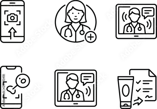 Professional telemedicine symbols showing digital health care assistance for patients who receive remote medical consultation and help through mobile devices to manage personal wellbeing and
