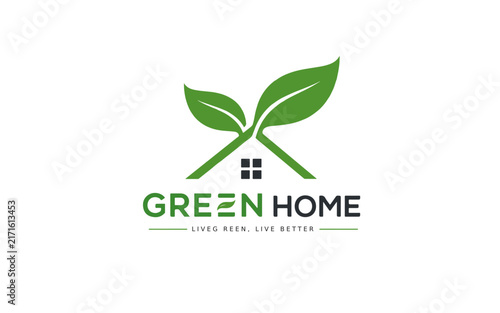 A green leaf and house shape creates a modern logo design on a white background