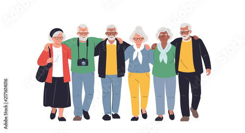 Group of happy senior friends of different ethnicities walking together arm-in-arm for an active aging lifestyle.