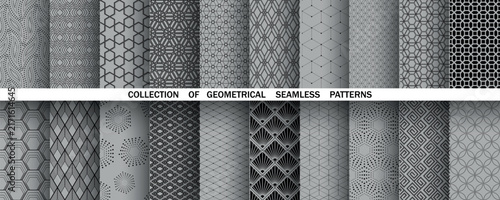 Geometric set of seamless black and gray patterns. Simple vector graphics
