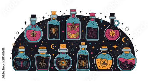 Collection of mystical magic potion bottles with insects, stars, and crescent moons in a dark celestial theme for halloween or fantasy.
