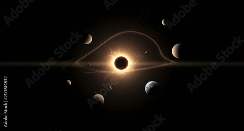 Cosmic spectacle of a black hole with orbiting celestial bodies.