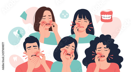 Set of diverse men and women suffering from severe toothache and dental pain with icons of teeth and oral care in flat design.