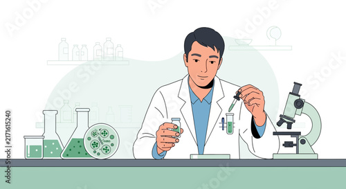 Scientist conducting experiment in laboratory, using microscope and test tubes