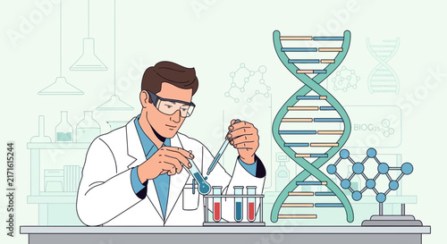Scientist conducting experiment with DNA and molecules in lab