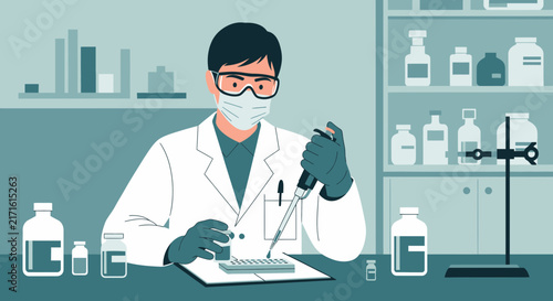 Scientist conducting experiment with pipette and test tubes in laboratory