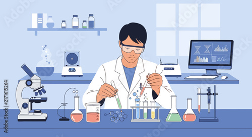 Scientist conducting experiment with beakers, test tubes, and microscope in lab