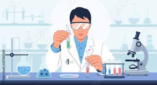 Scientist Conducting Experiment with Test Tubes and Microscope