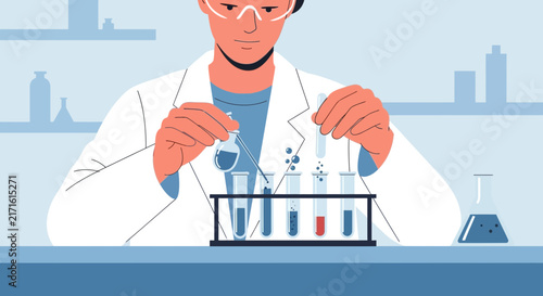 Scientist conducting experiment with test tubes on transparent background