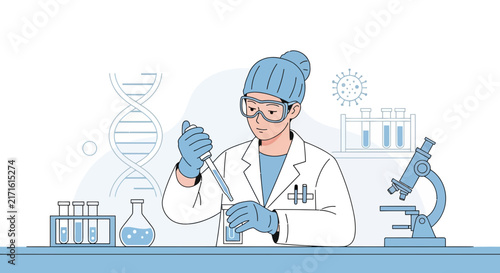 Scientist conducting research in laboratory, with DNA and virus