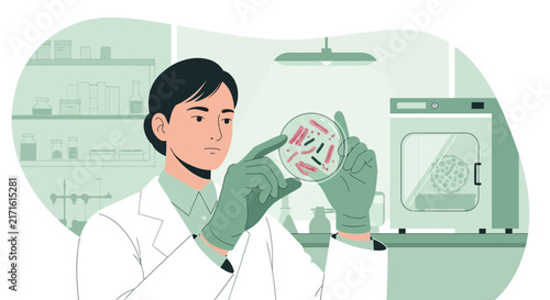 Scientist examines petri dish with bacteria in laboratory